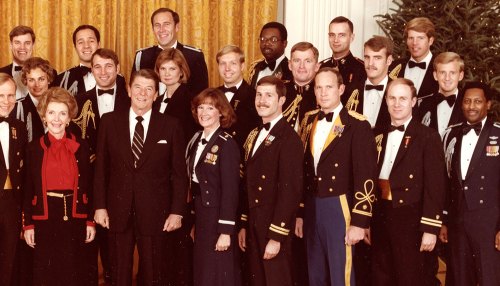 Lemoore's John Bengtson, from small town, to Air Force officer, and serving at the Pentagon and in Ronald Reagan's White House John Bengtson (at far right, second row) during a photo session with President Ronald Reagan and wife Nancy.